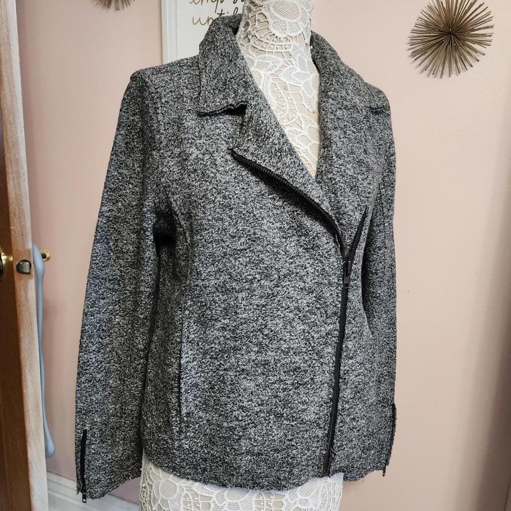 NWT Tahari Wool Blend gray black moto style sweater jacket Large